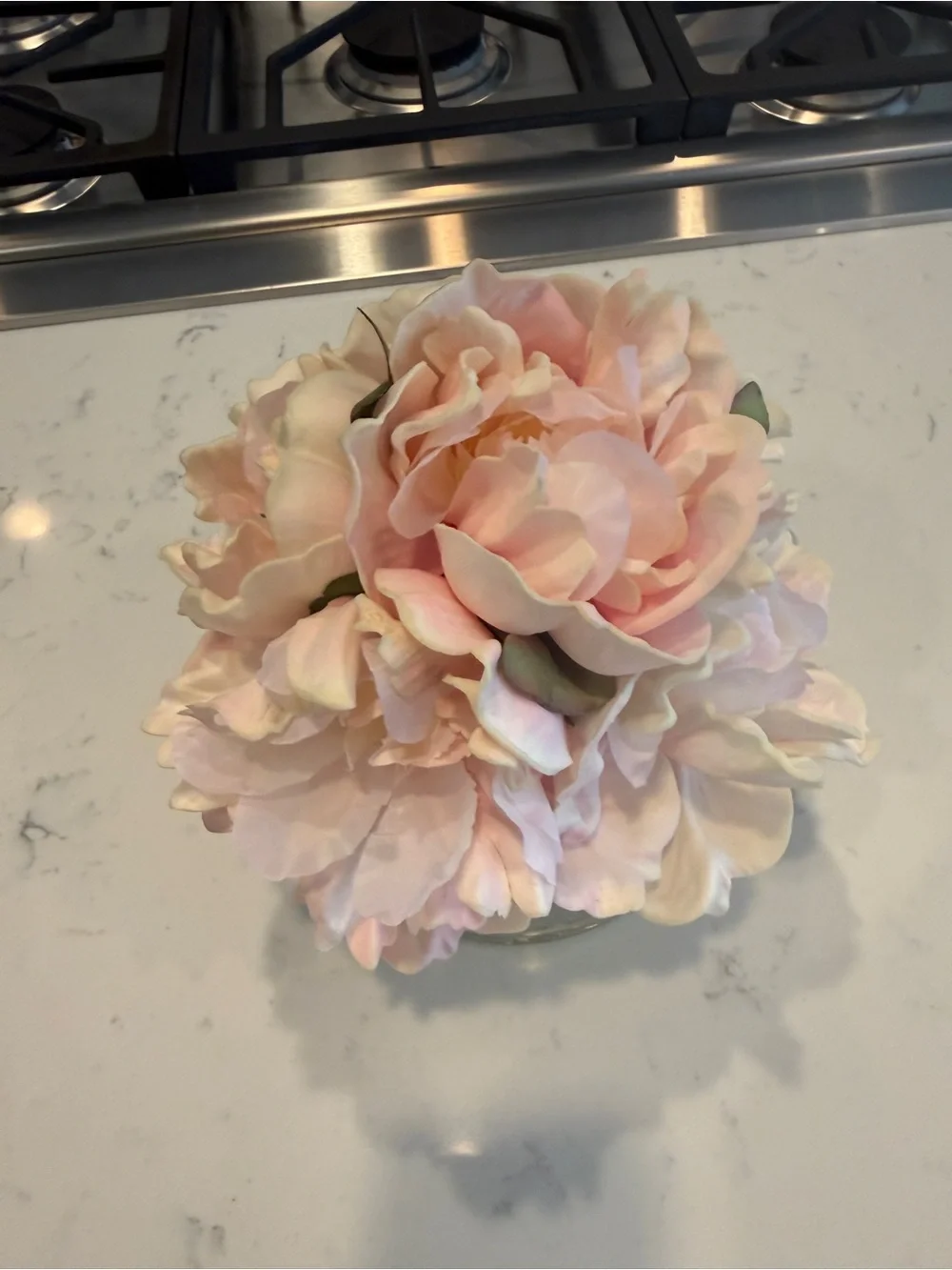 Faux Blush Pink Peony Floral Arrangement in Glass Vase Faux Water Cottage Decor